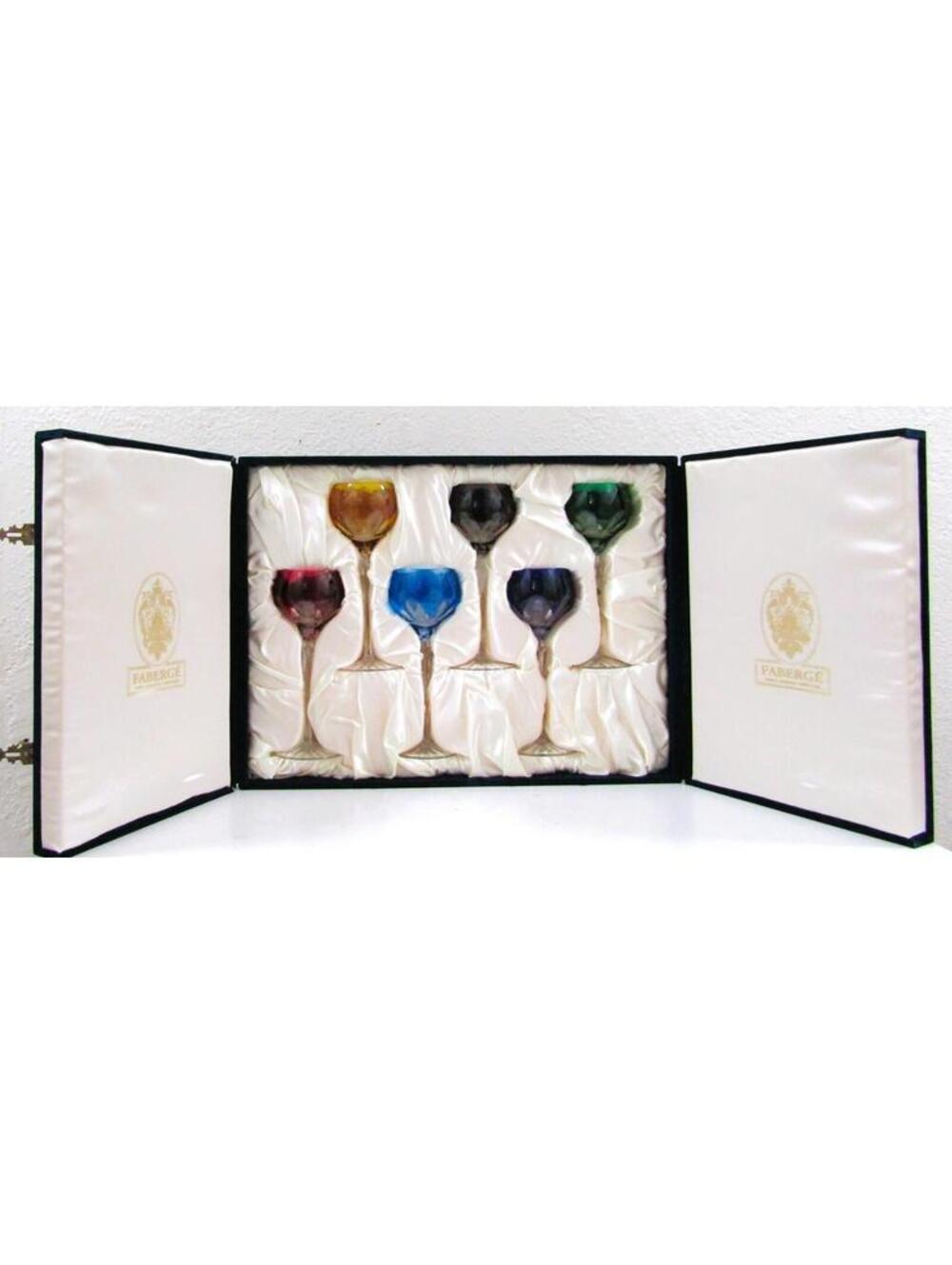 Set of Six Fabergé Lausanne Crystal Wine Glasses in Presentation Case
